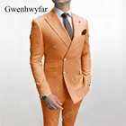 Мужской двубортный костюм Gwenhwyfar, оранжевый, темно-серый, черный, темно-синий, белый, модные вечерние костюмы с золотыми пуговицами (пиджак + брюки)