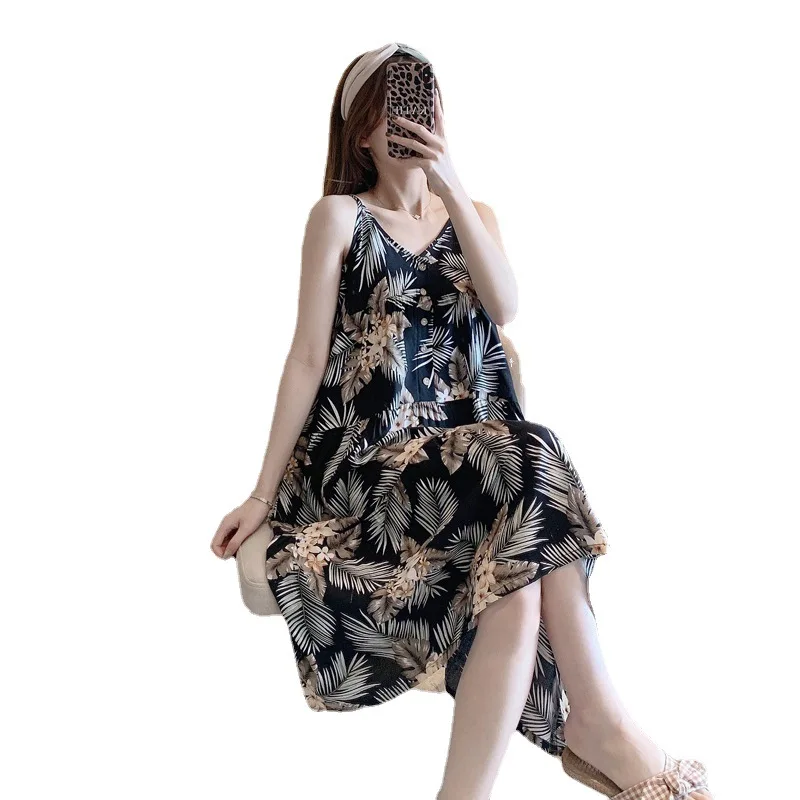 

Women's cotton and silk nightdress summer thin rayon print suspender pajamas women can wear large home clothes outside