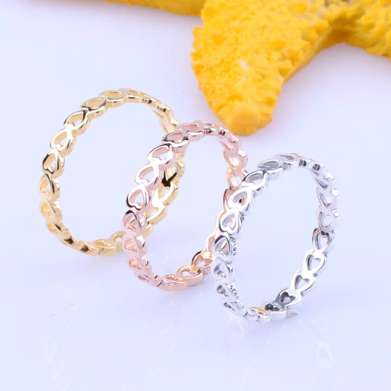 

DoDoFly Authentic S925 Sterling Silver Valentine's Day Romantic Heart Hollow Three-color Ring For Women Original Jewelry Gift