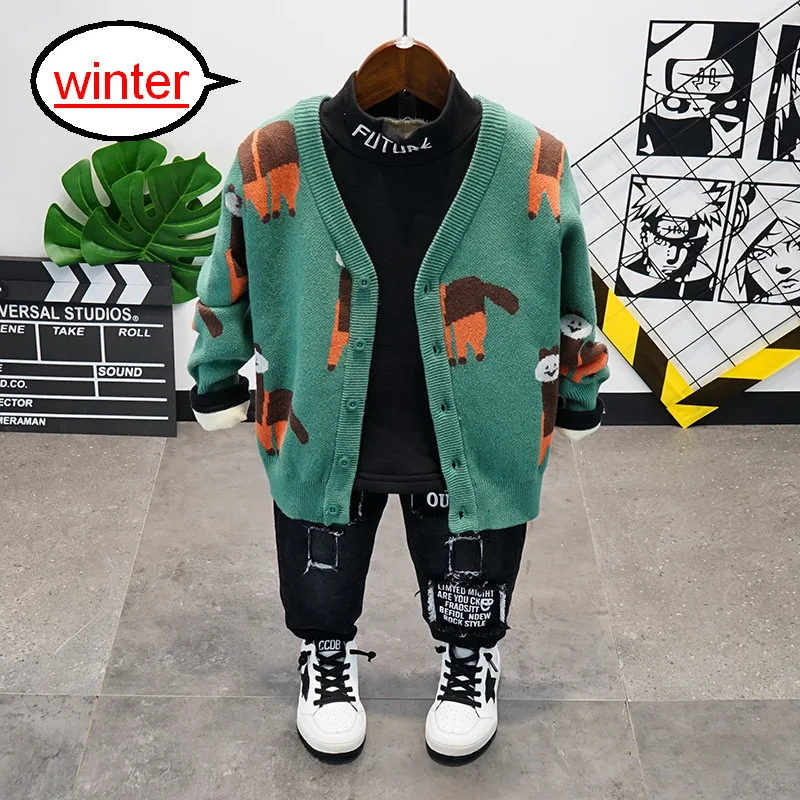 

2020 Winter Style Children Clothing Sets Kids Cartoon Knit Cardigan ,Plush Shirt and Thick Jeans 3pcs Outfit Boys Sports Suit
