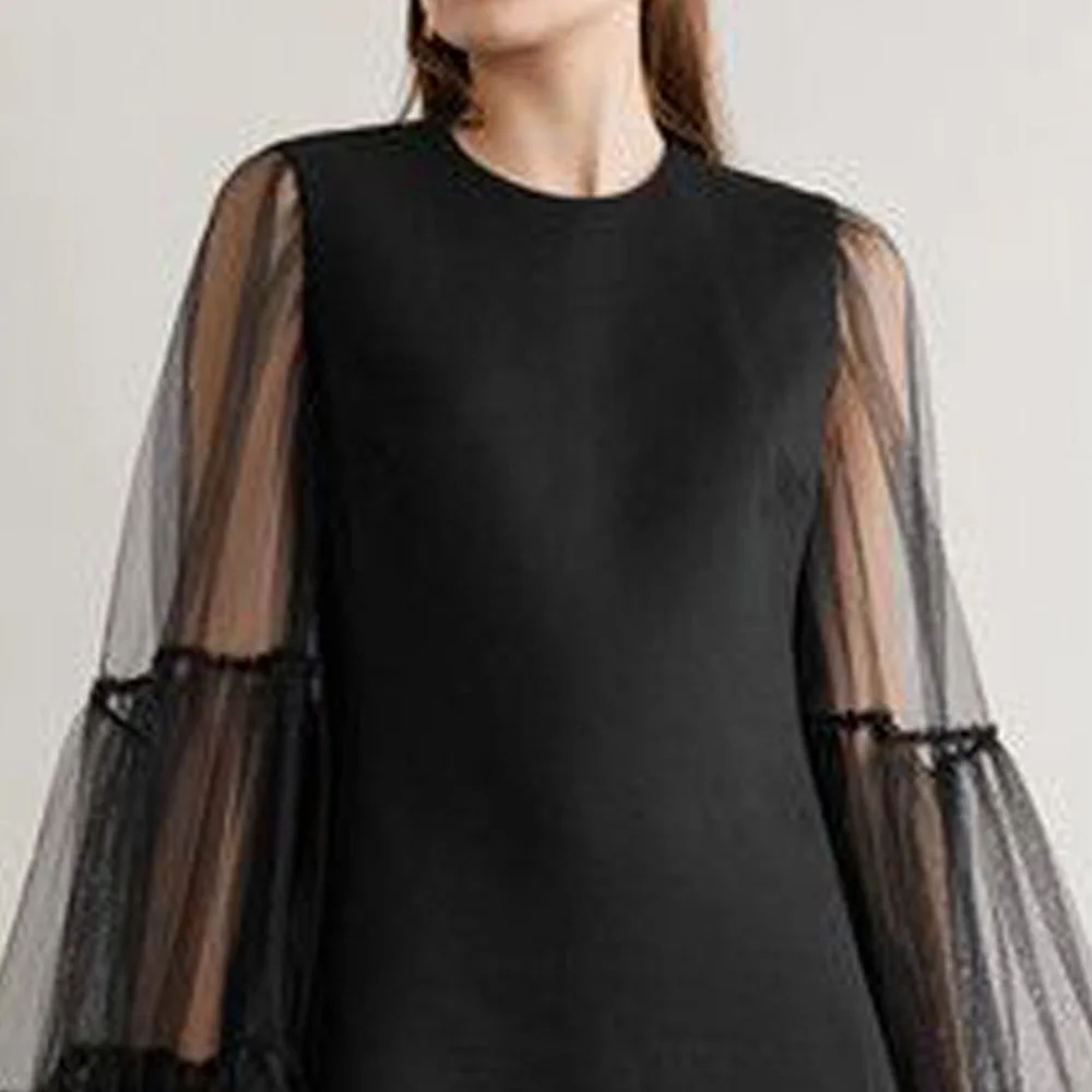 

Western Style Women's Dress 2021 Spring Summer Fashion Designer Creative Loose Casual Net Yarn Oversize Perspective Long Sleeve