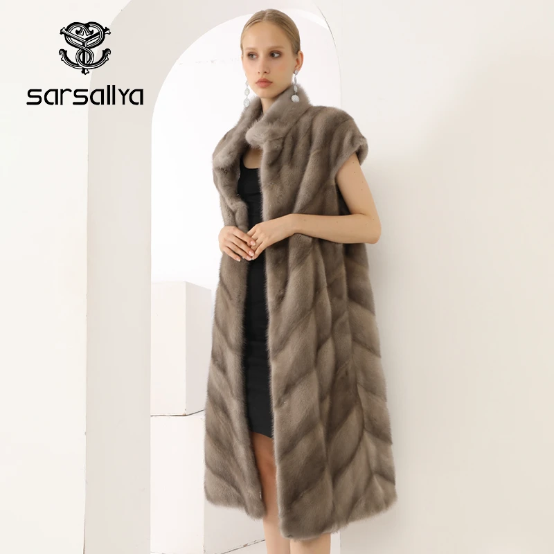 Жилет женский длинный из меха норки теплая жилетка натурального воротник-стойка