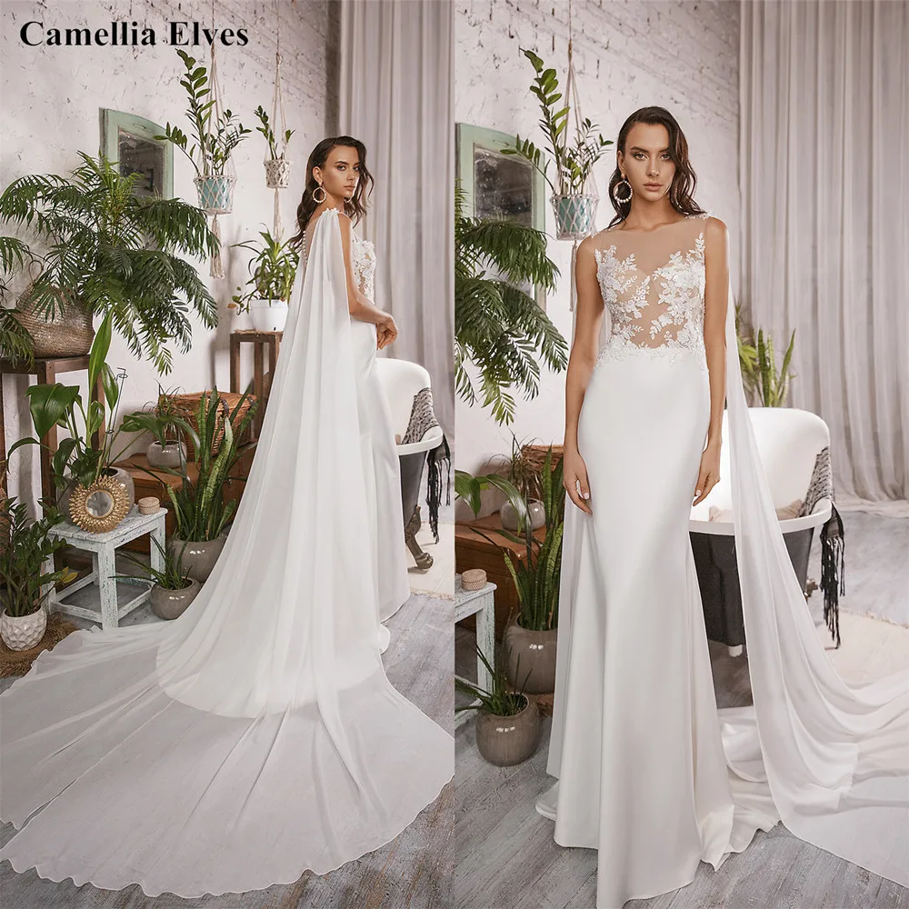 

Modern Satin Sheath Wedding Dress Lace Appliques Bride Robes Sleeveless Sexy Illusion Bridal Gowns With Cape Robe De Mariée