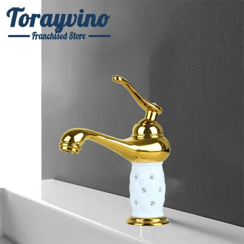 Смеситель для ванной Torayvino, роскошный золотистый кран для раковины, с кристаллами и стразами, с одной ручкой
