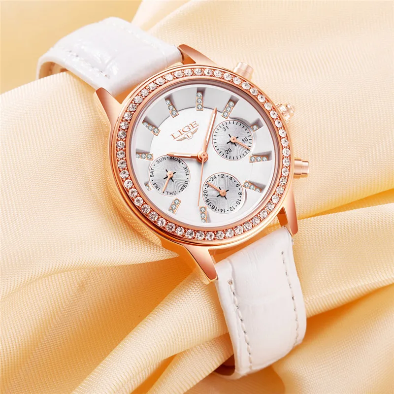 

LIGE Top Luxury Brand Women Watch Fashion Casual Leather Quartz Watch Ladies Diamond Dress Watches Female gift Relogio Feminino