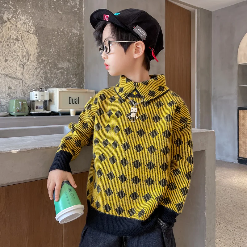 

Big Boys Sweater Pullovers Kids Winter Autumn 2021 Long Sleeve Turn-down Collar Sweater All-match Top Coats Clothes 10 12 Year