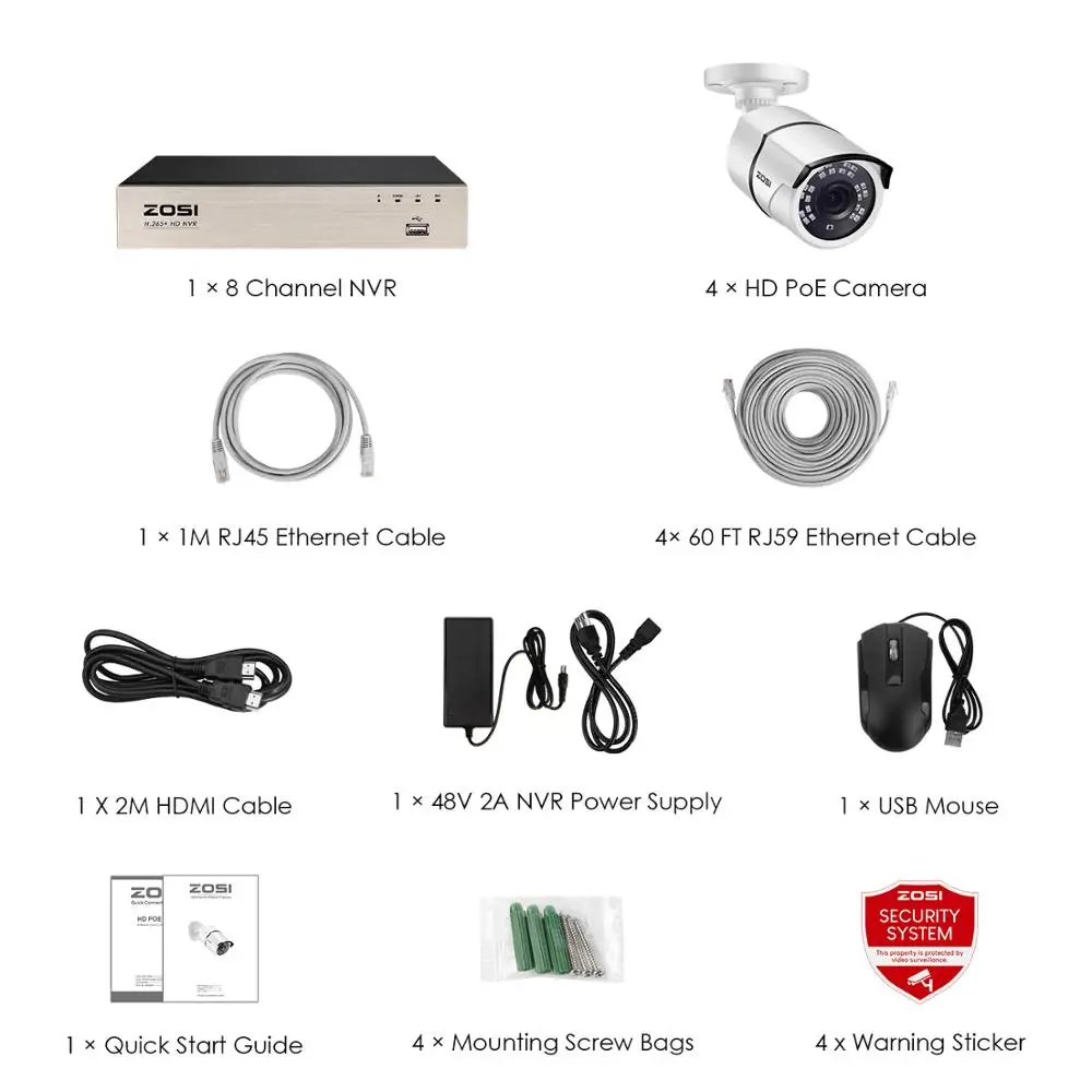 ZOSI PoE Home Security Camera System,H.265+ 8Channel 5MP CCTV NVR Recorder  (4) 2MP 1080P Outdoor Surveillance PoE IP Cameras