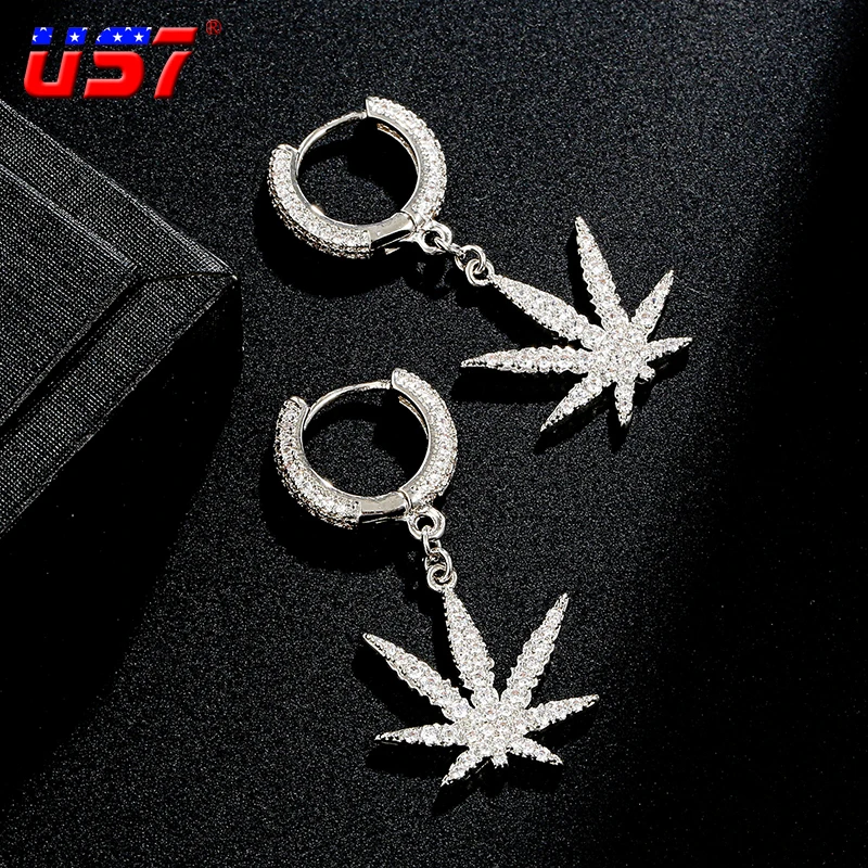 

US7 Iced out Maple Leaves Earrings for Women AAA+ CZ Stones Micro Paved Gold Silver Color for Hip-Hop Fashion Jewelry