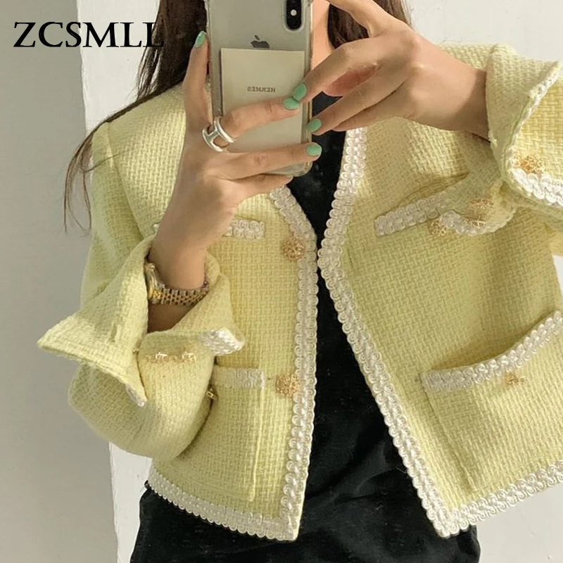 

ZCSMLL Корейская Осенняя французская твидовая Женская модная зимняя куртка с V-образным вырезом и кружевом