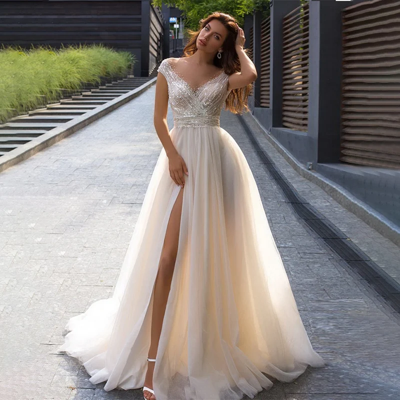 

Fashion V-Neck High Split Wedding Dress Illusion Back A-Line Vintage Civil Bridal Gown