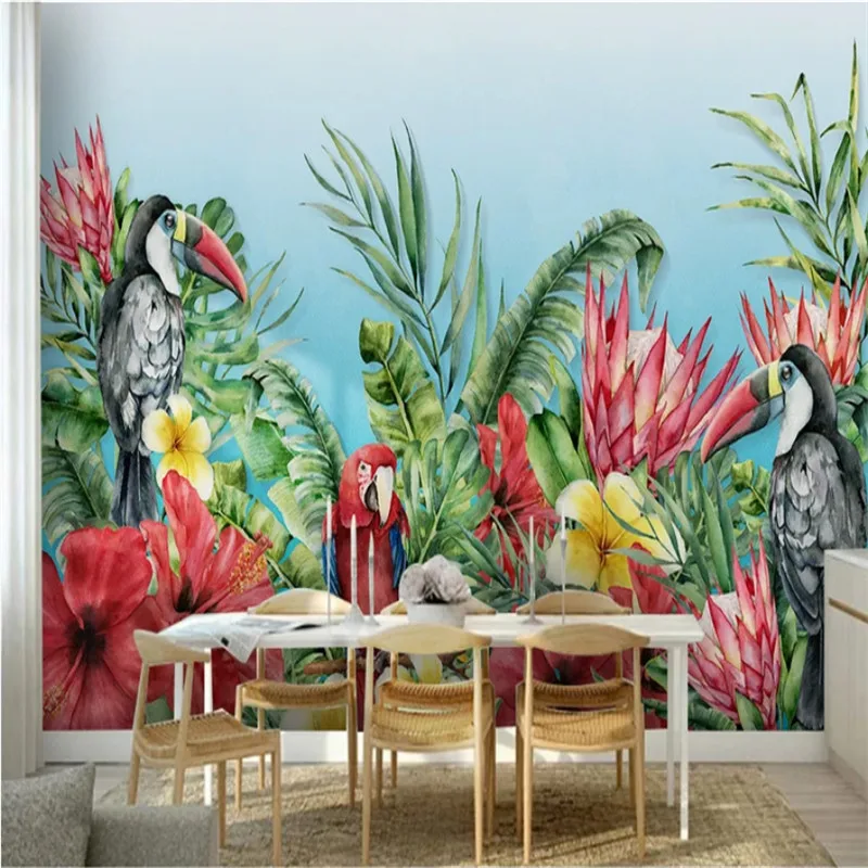 Скандинавская ручная роспись средневековые тропические растения цветы и Тукан