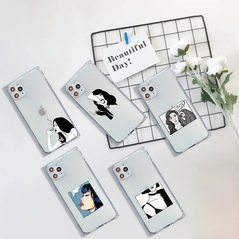 

Cool smoking heartbreaker girl Phone Case For iPhone 7 8 11 12 X XS XR MINI Pro Max Plus Clear Square Transparent