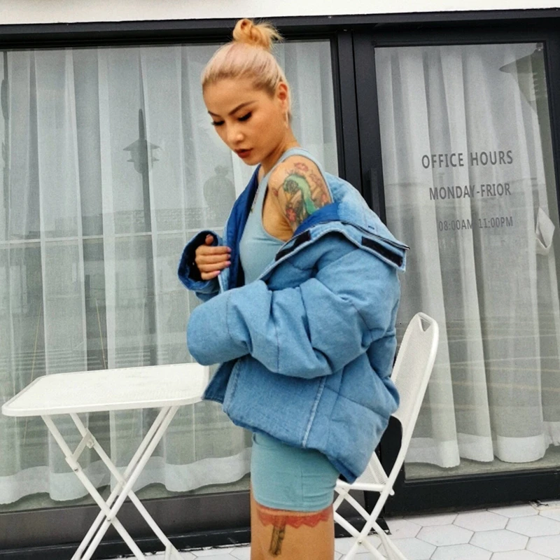 TWOTWINSTYLE повседневное синее открытое хлопковое пальто для женщин воротник с