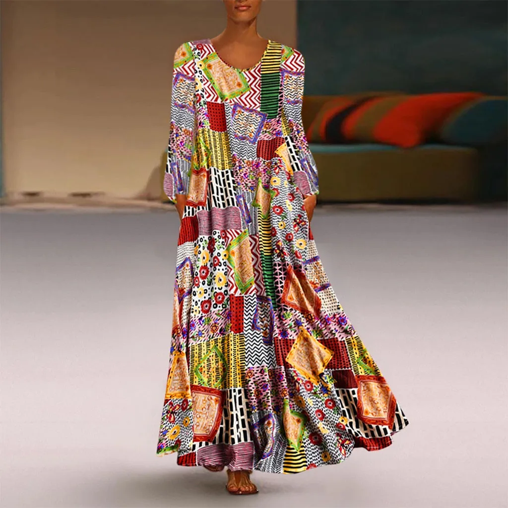 Womenvintage принт с цветочным узором Платье длинными рукавами о образным вырезом