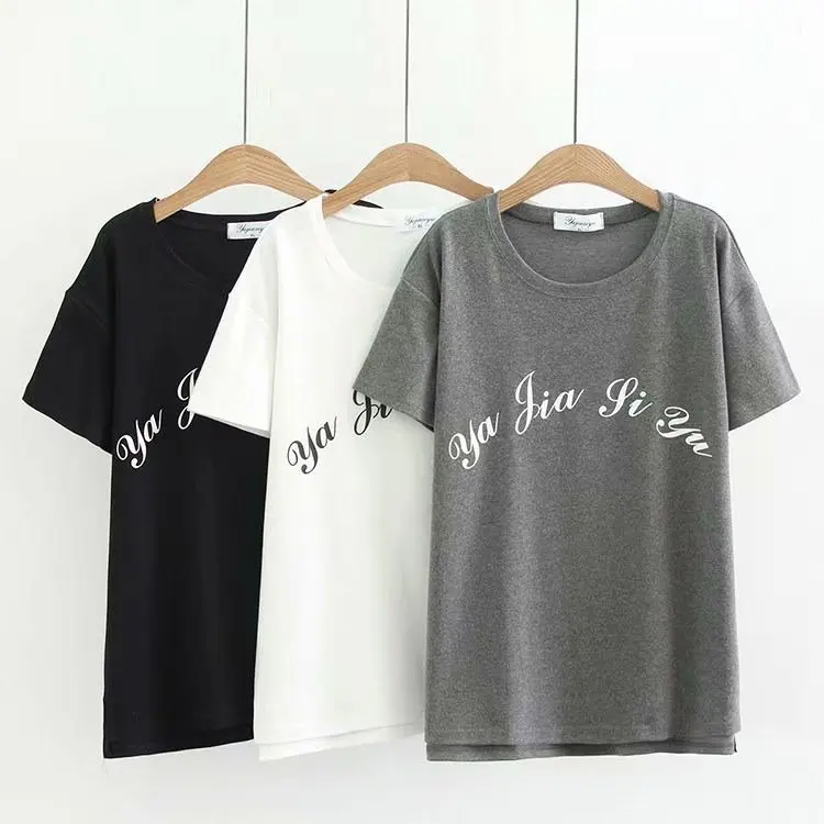 

New 2021 summer plus size tops for women large loose short sleeve cotton print letter O neck T-shirt white gray 3XL 4XL 5XL 6XL