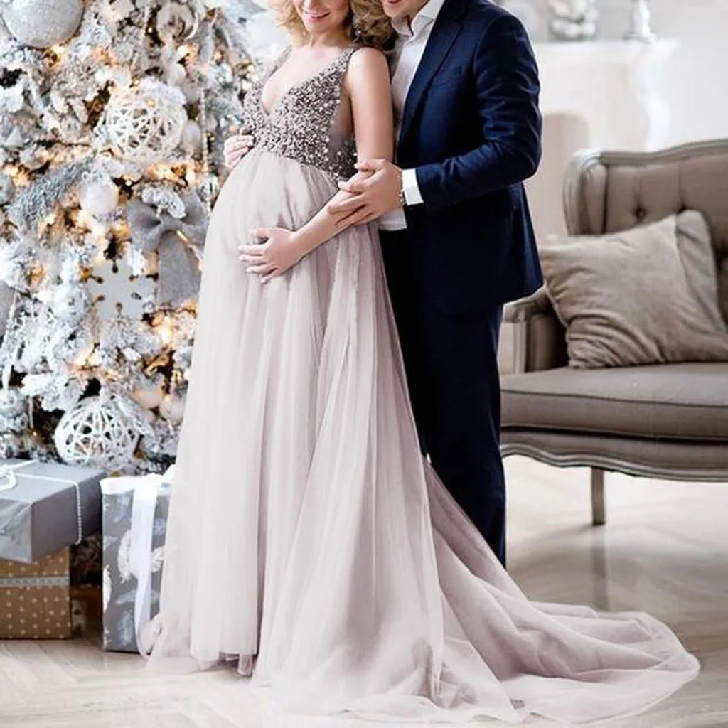 

Sexy maternity dresses for photo shoot Women Pregnant Sling V Neck Sequin Cocktail Long Maxi Prom Gown pregnancy dress 2020