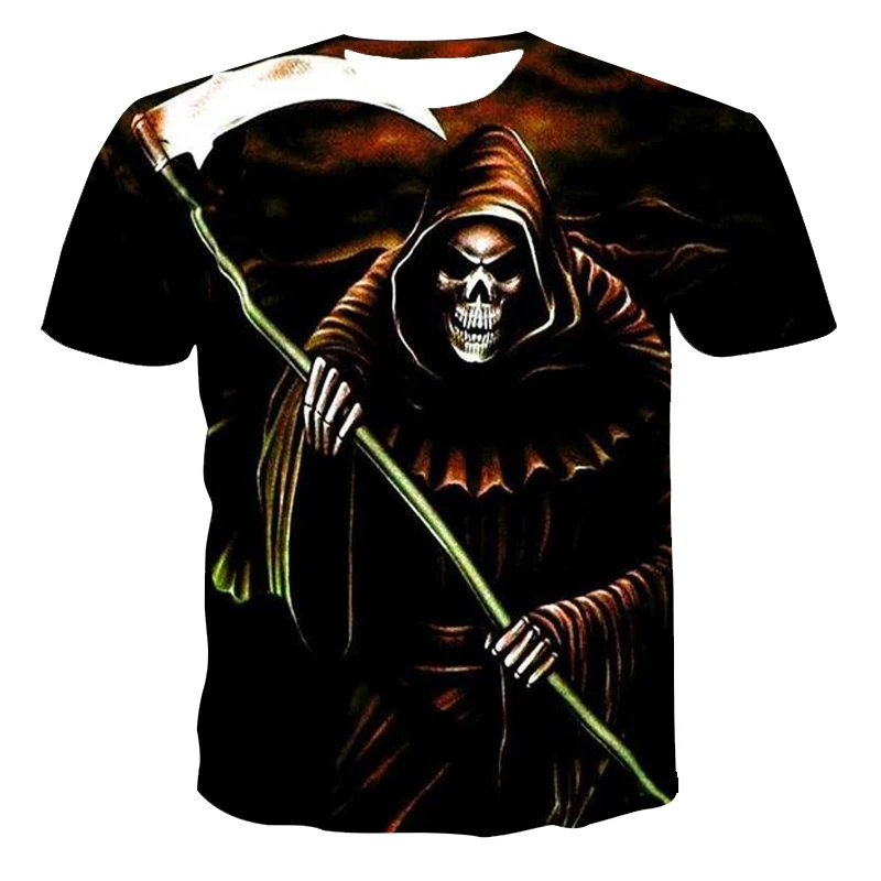 

2021 New 3D Printing Horror Hip-Hop Death Skull Poker Unisex Short Sleeve Personalized Round Neck Pullover XXS-6XL Wholesale