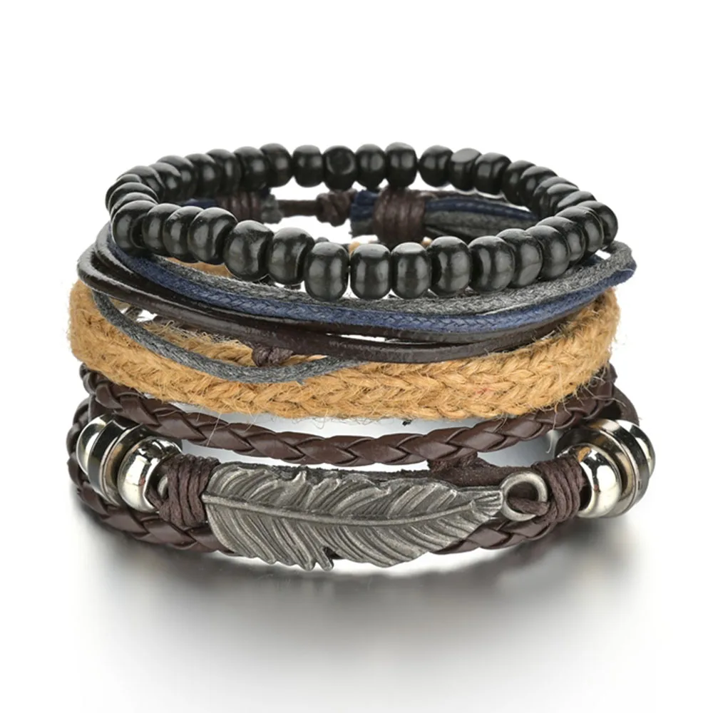 

4 шт., мужские Многослойные плетеные браслеты с бусинами