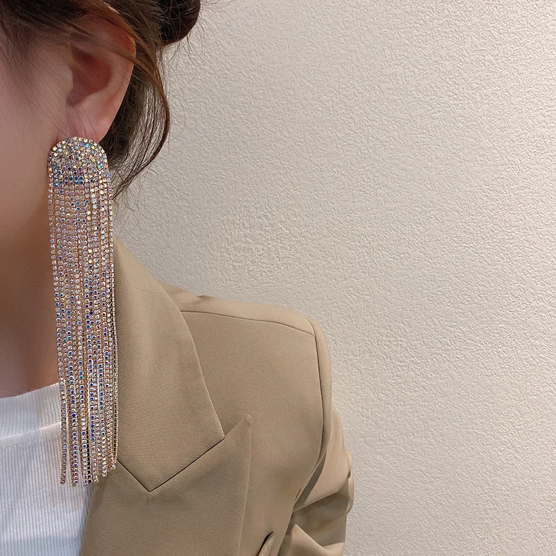 

925 Needle South Korea Crystal Long Tassel Earrings Fashion Celebrity Temperament Exaggerated Earrings Women Jewelry Accessories