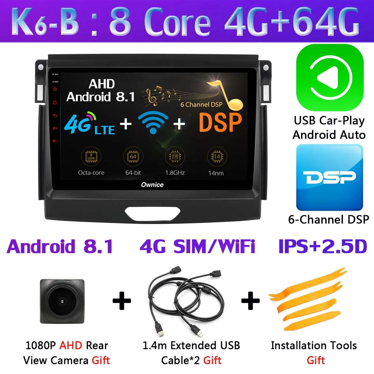 K6-B-CarPlay Панорамная камера 360 ° 4G LTE WiFi 8 ядерный Android 9,0 4G+ 64G SPDIF DSP CarPlay Автомобильный плеер для Ford Ranger- gps радио - Цвет: K6-B-CarPlay