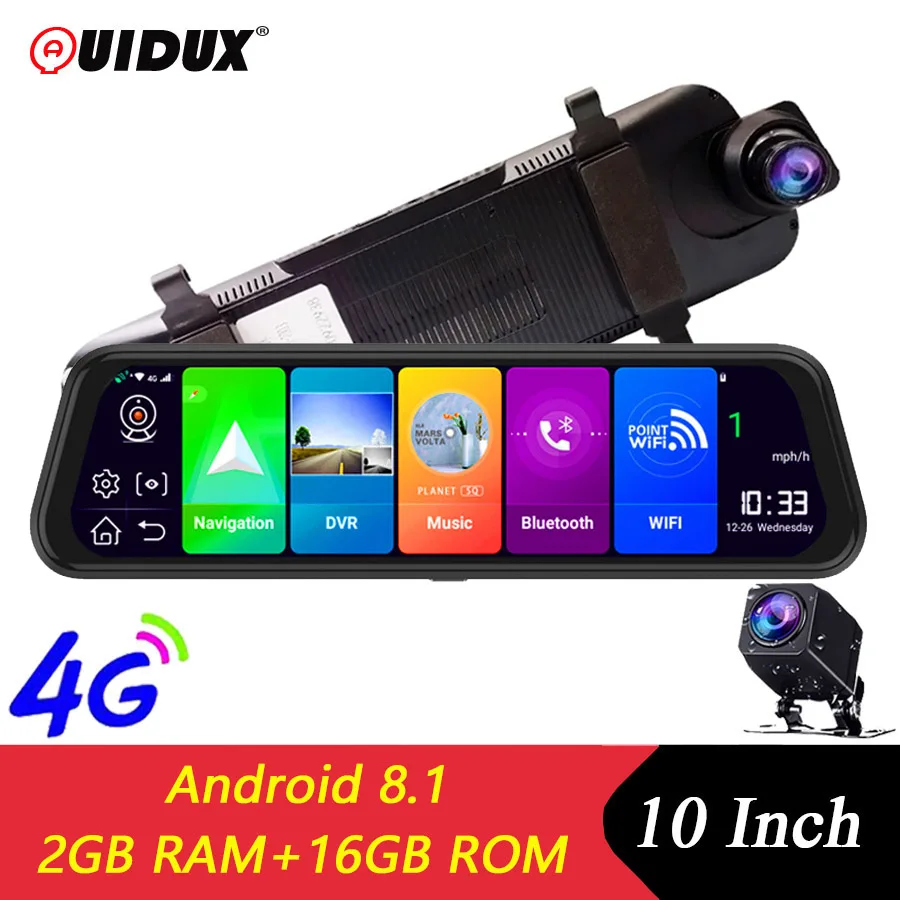 

QUIDUX Car DVR GPS Navigator Camera 4G 10"Android Stream Media Rear View Mirror FHD 1080P GPS Mirror Dash Cam Recorder 2GB+16GB