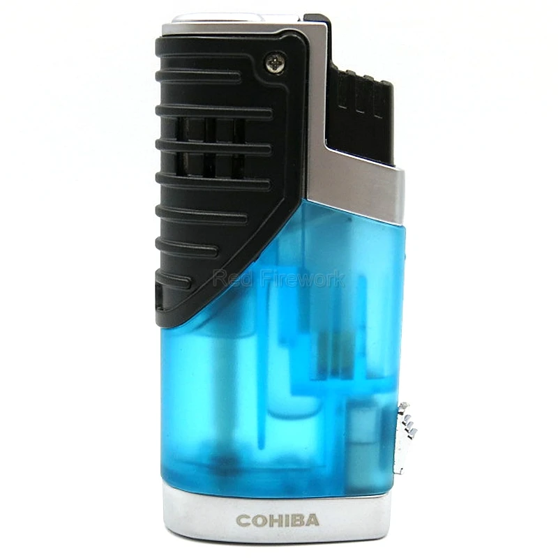 Blue Абсолютно новые зажигалки COHIBA, классические, портативные, ветрозащитные, тройные, 3 пламени, сигареты, сигары, зажигалка с сигарой, удар, подарочная коробка - Цвет: Blue