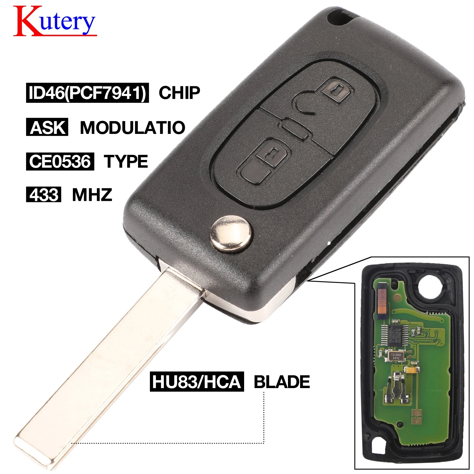 Kutery Hu83/HCA 2 кнопки дистанционного ключа автомобиля для Peugeot 307 3008 308 408 433 МГц ask PCF7961