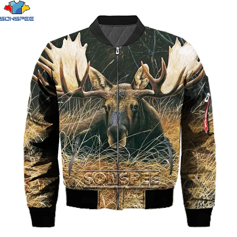 

SONSPEE Giant Moose Deer Hunting Men's Jacket 3D Printing Cool Fashion Jacket Autumn Harajuku Oversized Warm Bomber Streetwear