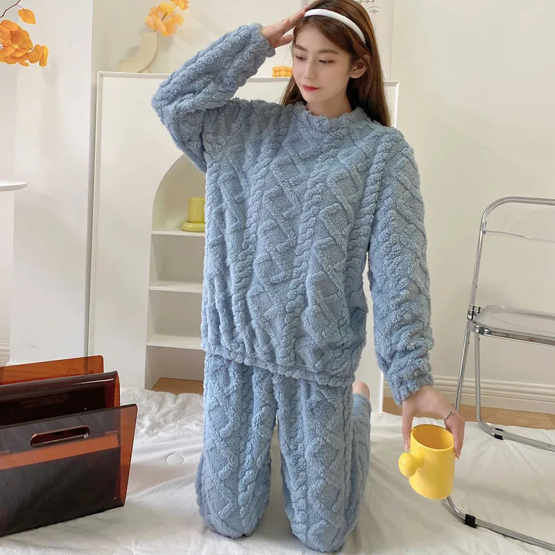 QWEEK Couple's Pajama Blue Gray Pink Warm Women's Pijamas Winter Coral Fleece Pyjamas Solid Color Round Neck Home Suit Nightwear