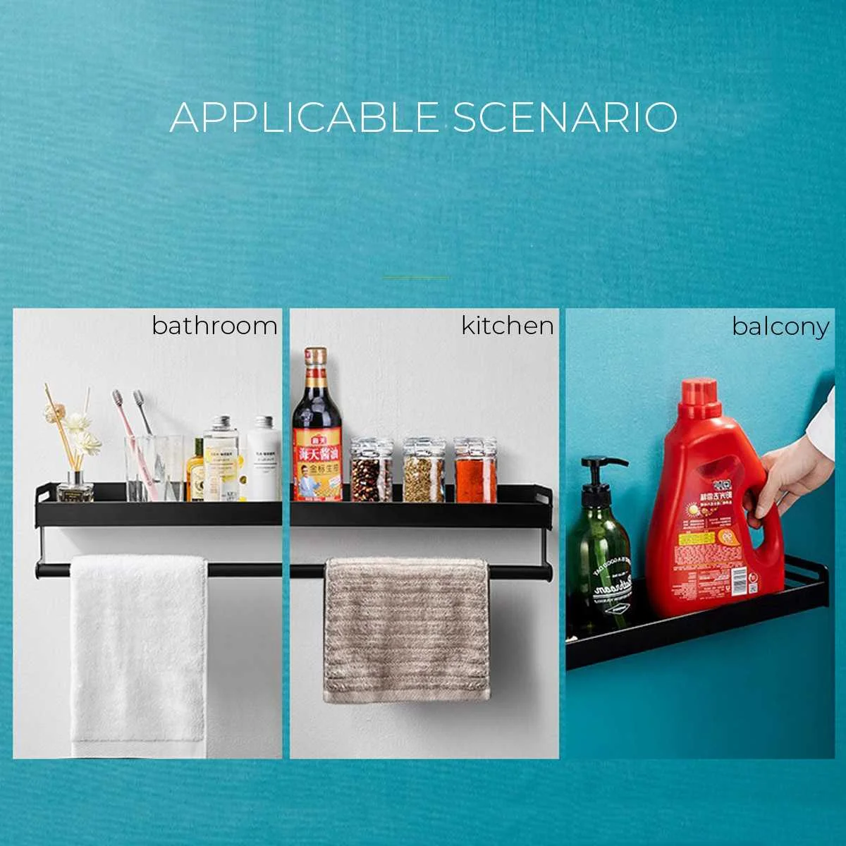 

Bathroom Shelf Black with Towel Bar Space Aluminum Bathroom Shelves Shampoo Holder Shower Caddy Rack Corner Kitchen Storage Rack