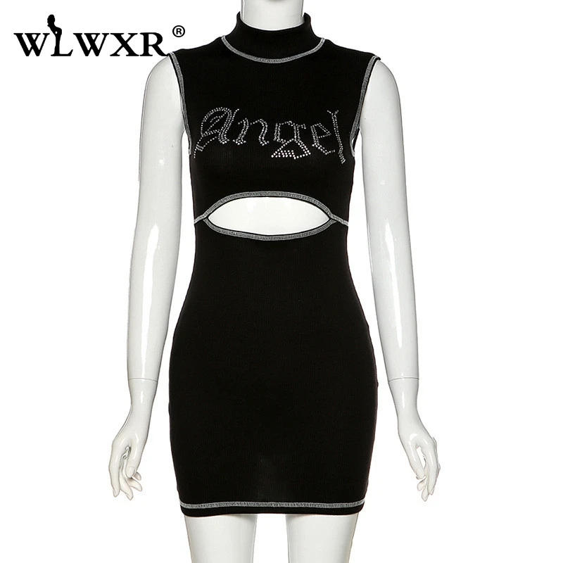 WLWXR женское трикотажное облегающее платье открытое мини с бриллиантами летнее