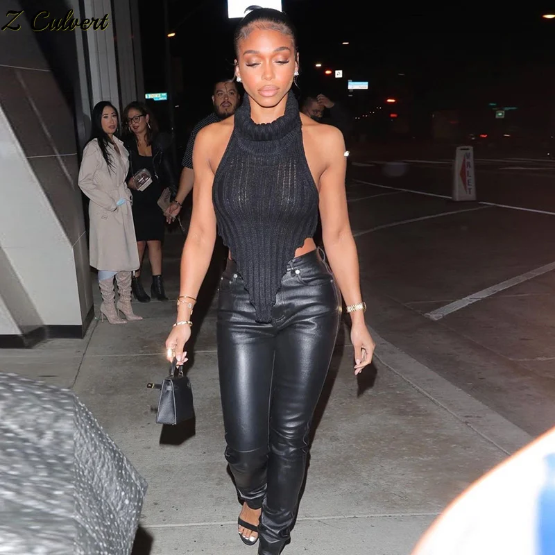 

Z Culvert 2022 winter spring Fashion Solid Sexy Turtleneck asymmetrical Slim Knitted Halter Sleeveless Backless Women's vest