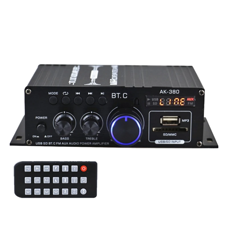 

2-канальный Bluetooth Hi-Fi усилитель мощности, домашняя автомобильная аудиосистема класса D с дистанционным управлением, FM-радио, AUX USB/SD