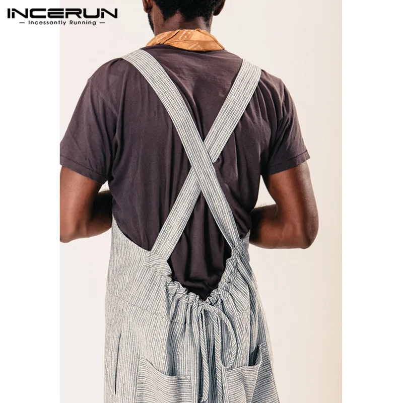 Retro Men Overalls Women Rompers Stripe Wide Leg Pants Dungarees Casual Jumpsuits Long Trouser Hombre Garment Overalls Unisex