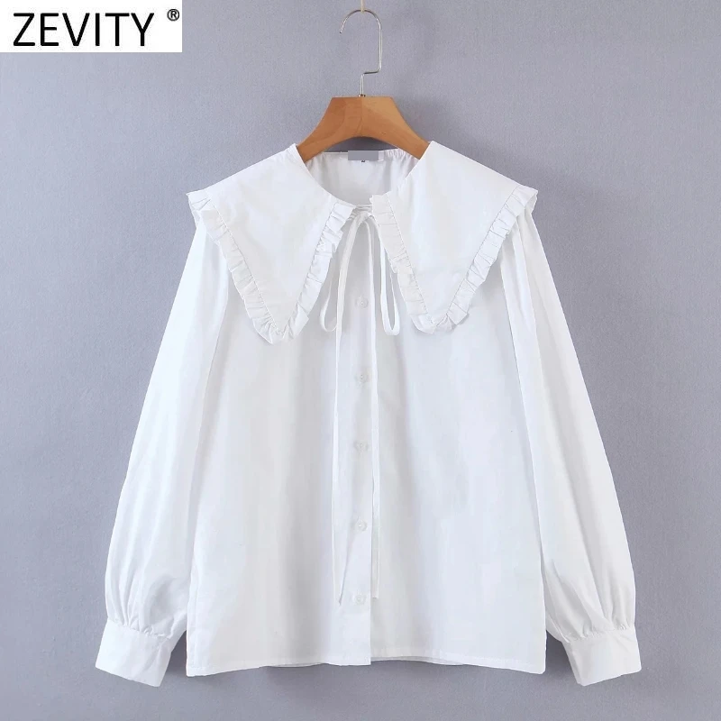 

Zevity 2021 Women Simply Agaric Lace Big Turn Down Collar White Smock Blouse Ladies Sweet Shirts Chic Chemise Blusas Tops LS9523