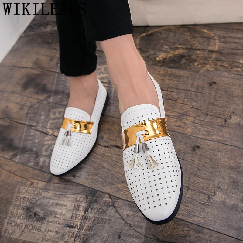 Мужские кожаные туфли с перфорацией белые свадебные оксфорды кисточками