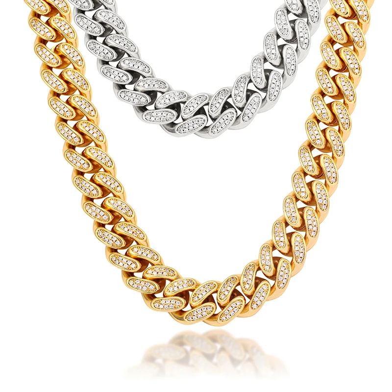 Золотая Мужская цепочка Miami Cuban Link ожерелье с блестящими фианитами и