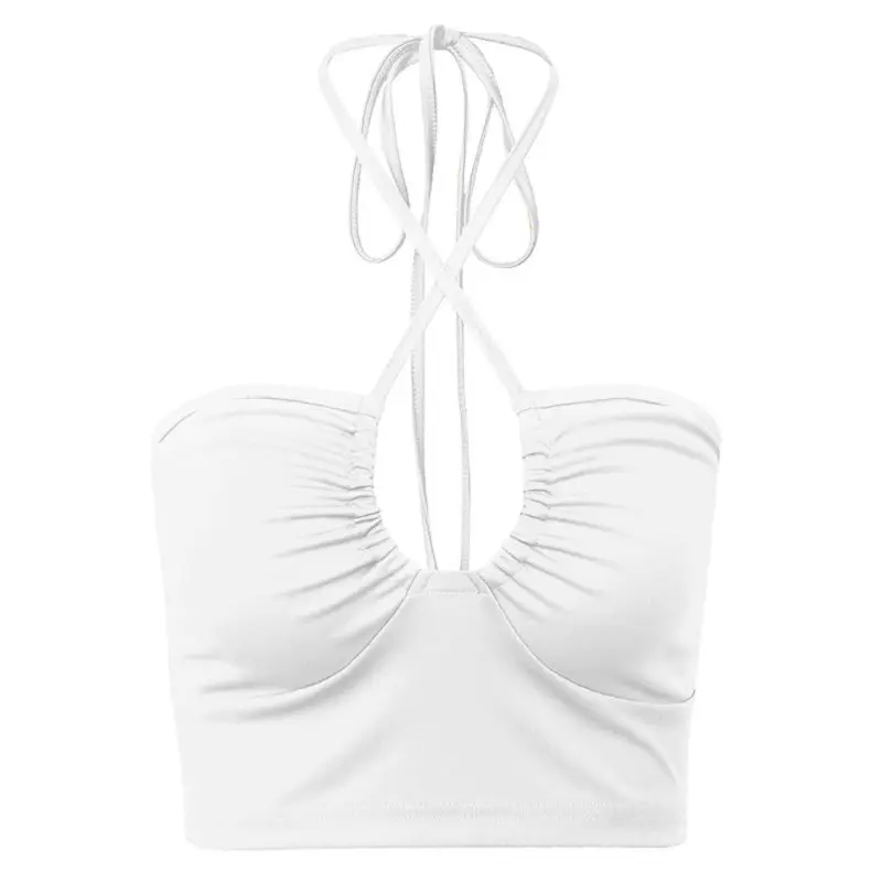 

Women Off Shoulder Tube Top Halter Crisscross Lace-Up Hollow Ruched Camis Vest F42F