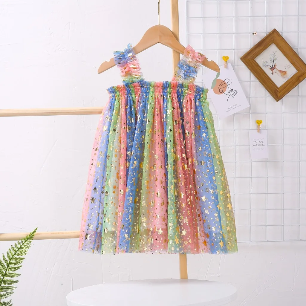 

2021 Summer Baby Girls Dress Suspender Net Gauze Princess Dress Mesh Sequined Children Dress Rainbow Tutu Kids Dress for Girls