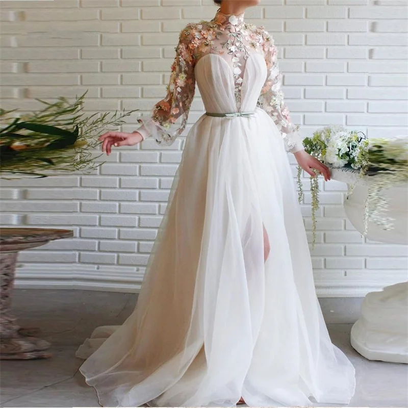 

Floral Evening Dresses Beads 3D Flower Lace Applique High Collar Long sleeve Split Formal Prom Dress Plus Size Robe de mariée