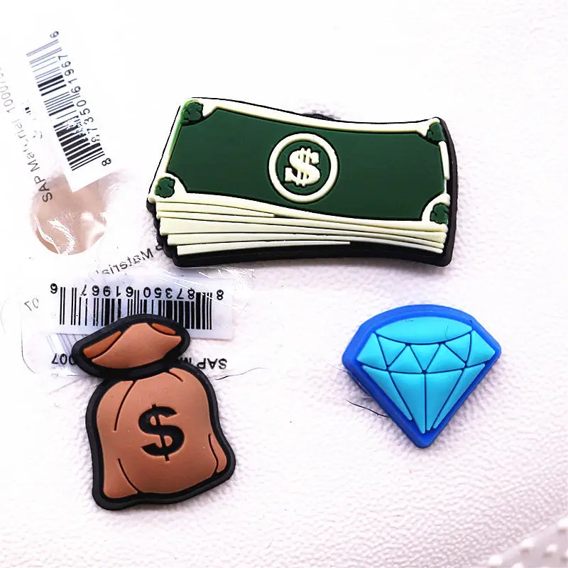 

Novelty Money Shoe Charms Dollar Bill Blue Diamond PVC Shoes Decoration Sandals Accessories fit Croc JIBZ Kids Party Gifts F27AL