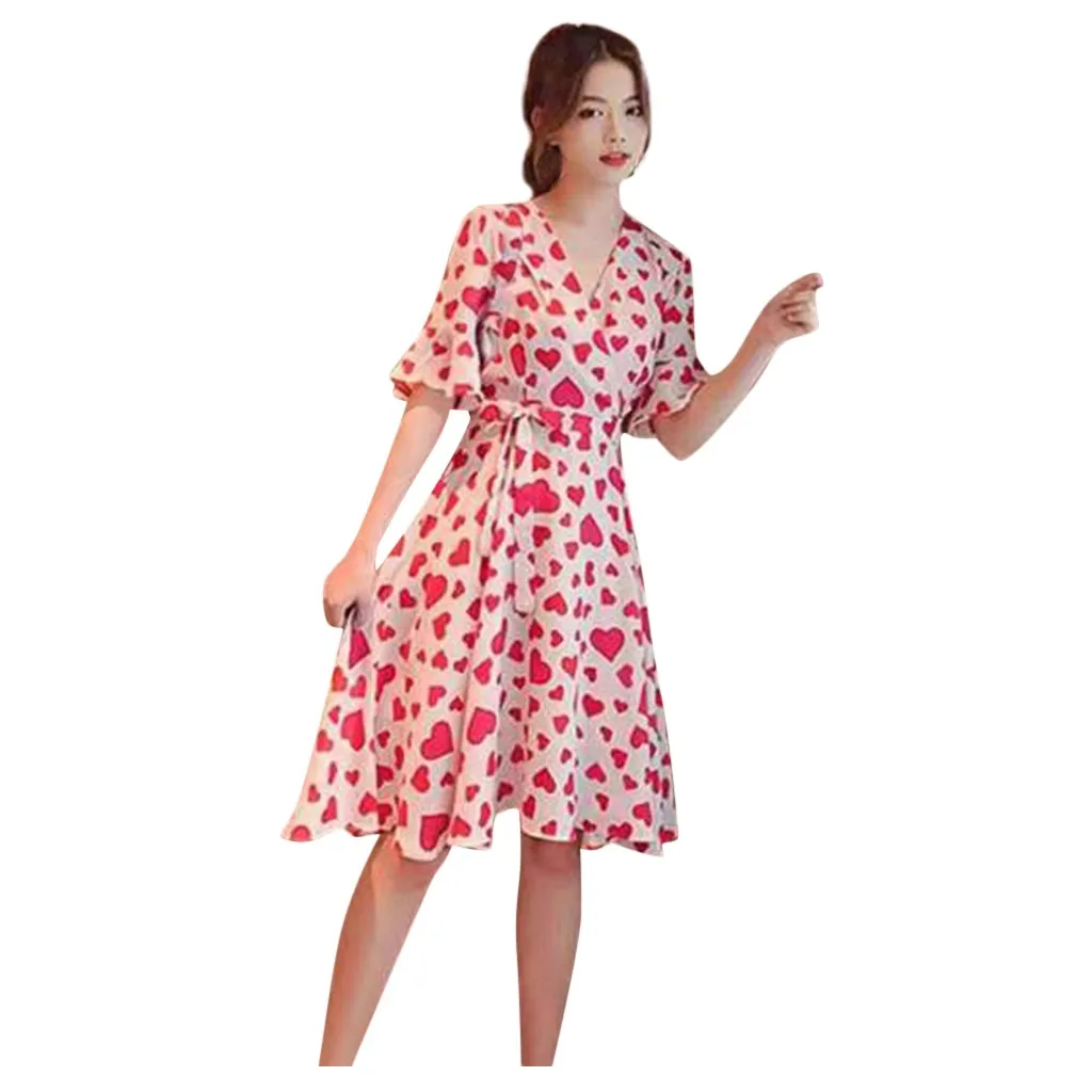 sexy Women's V-Neck Peach Heart Printing Flare Short Sleeve  Knee Length Dress kawaii harajuku classic clothes платье 2021