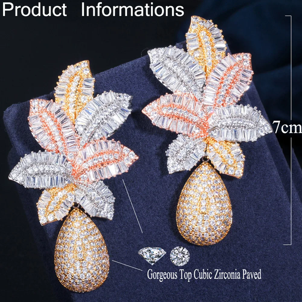 ThreeGraces Gorgeous 18k Gold Cubic Zirconia Stone Paved Nigerian Wedding Jewelry Long Drop Dangle Leaf Earrings for Women ER365 | Украшения