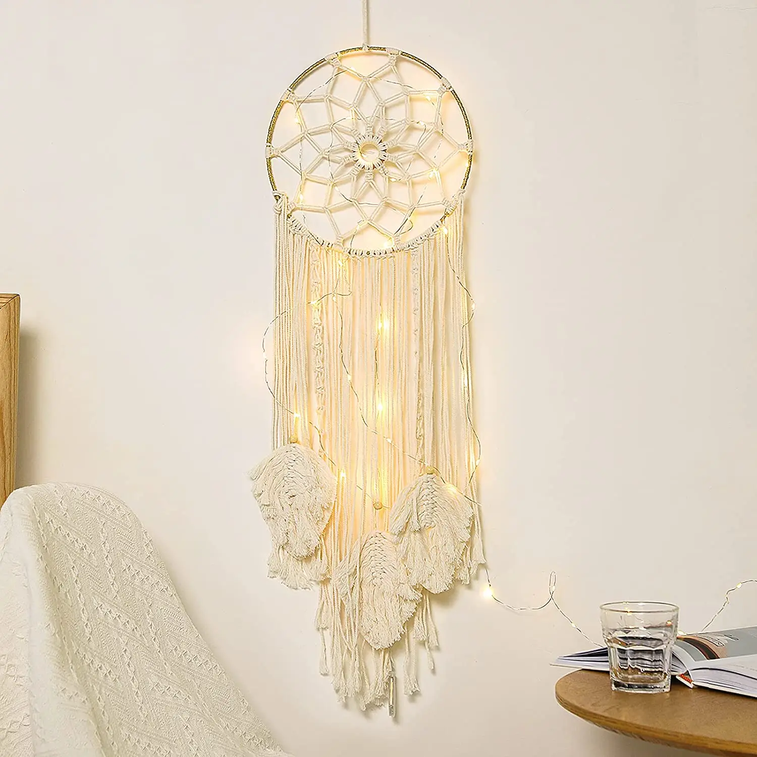 

Круглая Ловец снов, хлопковая плетеная настенная подвесная Луна Ловец снов с волшебными огнями, круглая макраме, настенное украшение, богем...