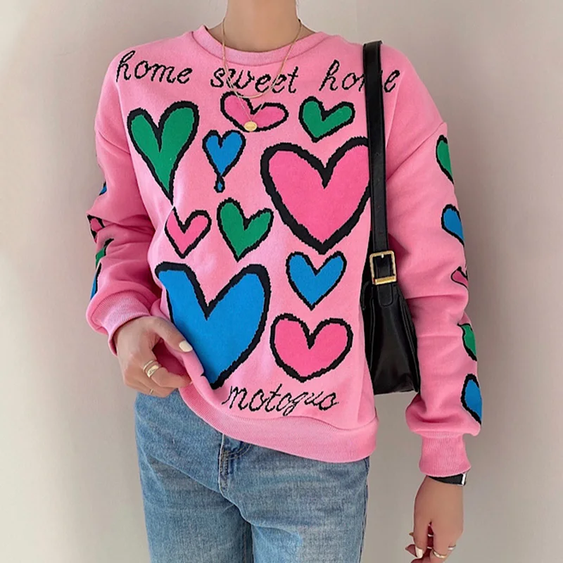 

Korea Fashion Ladies Sweatershirt Winter 2020 Heart Print Crew Neck Pullover Casual Loose Long-Sleeved Plus Velvet Sweatershirts