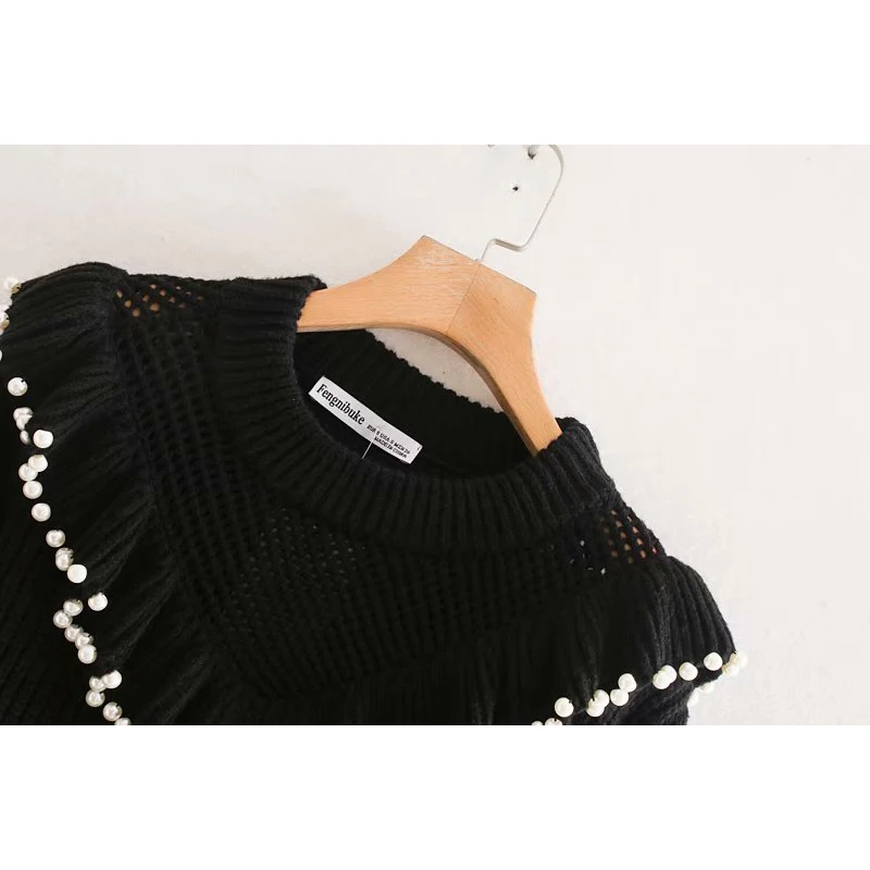 Za 2019 Модные женские свитера с круглым вырезом и жемчугом одноцветные каскадные