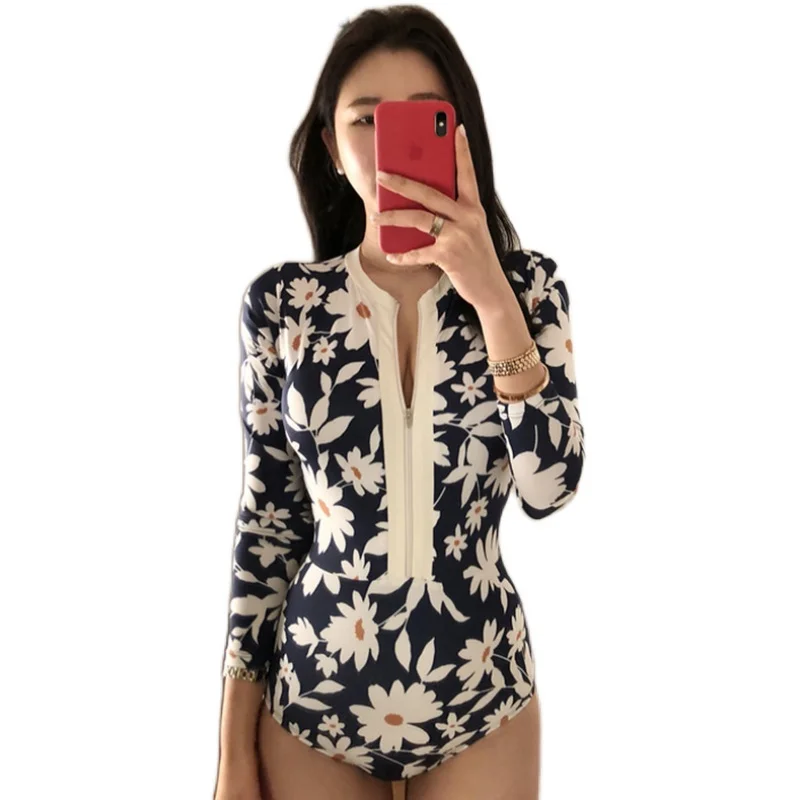 

Korean Diving Suit Women's Vacation Internet Celebrity Sun Protection Long Sleeve Swimsuit Women Zipper Printing Slim Fit and