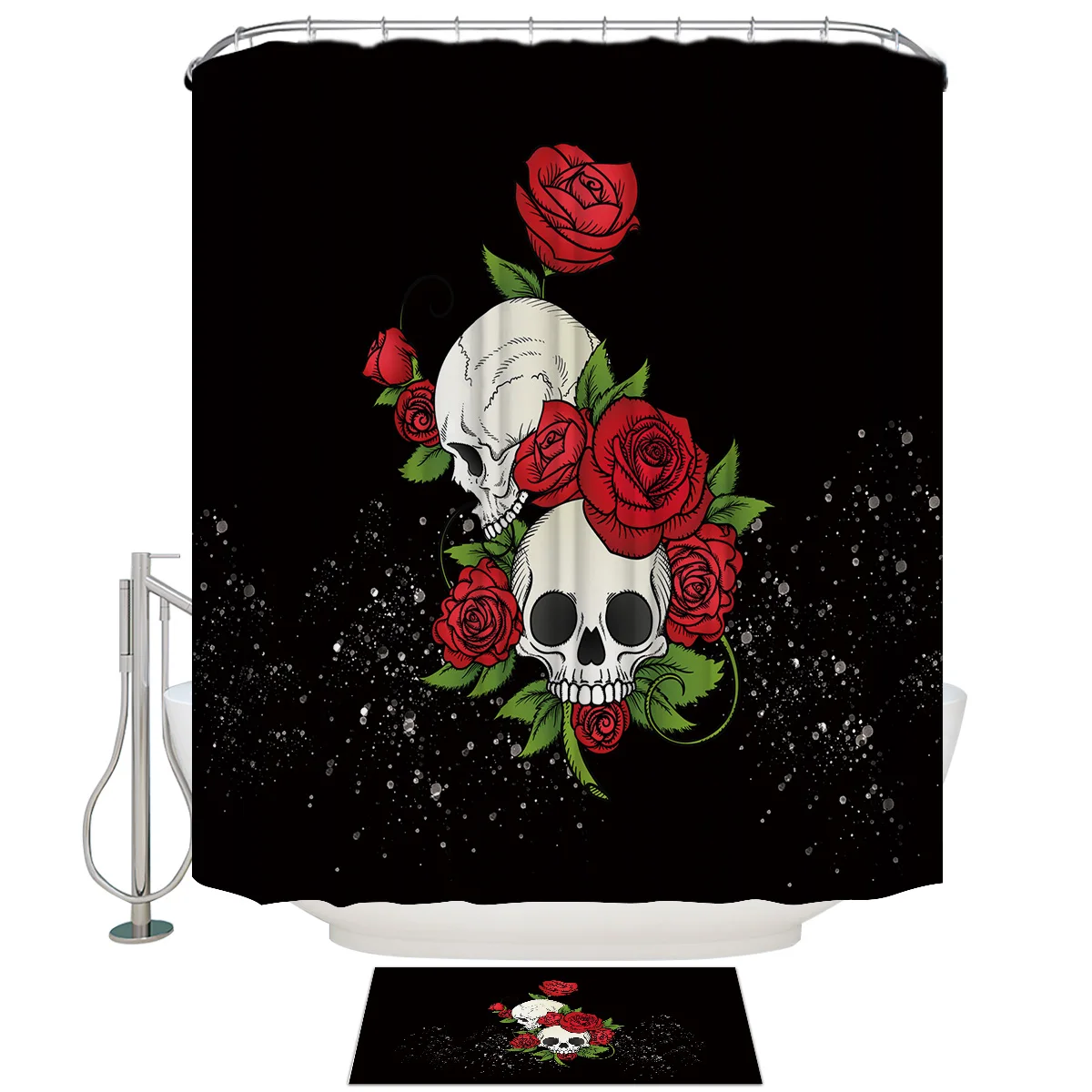 Черный фон с черепом и розой для ванной комнаты|Шторы душа| |