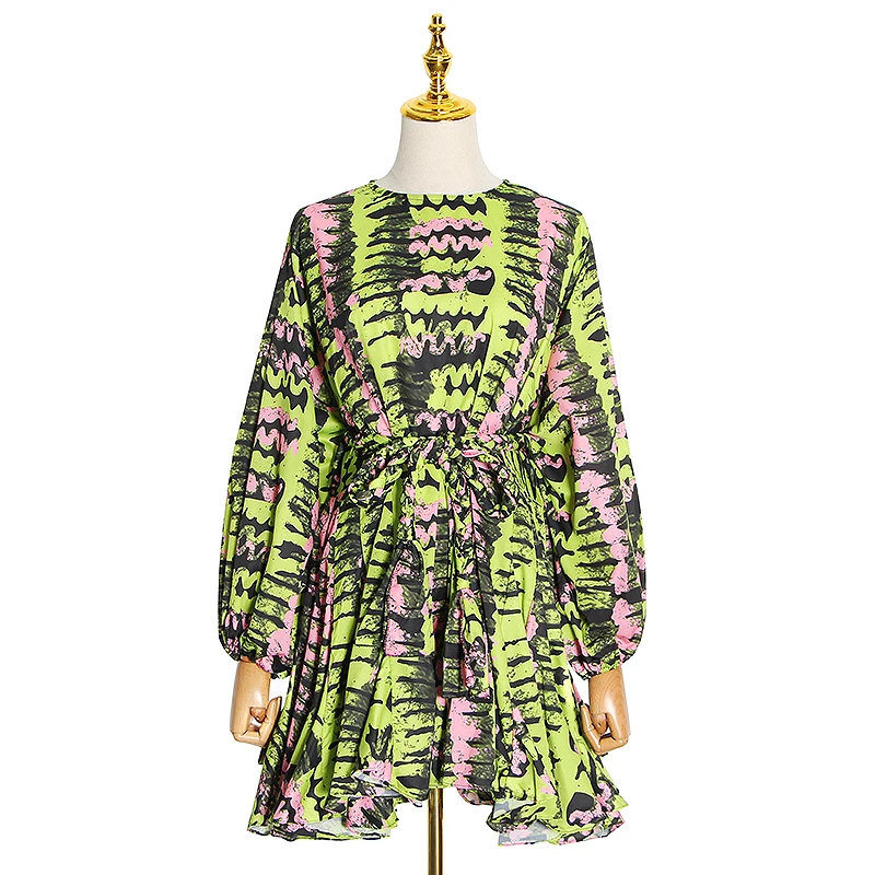 

Lace up Mini Dresses Printed Casual Dress Women Lantern Sleeve Female Fashion Clothes Summer Antumn New