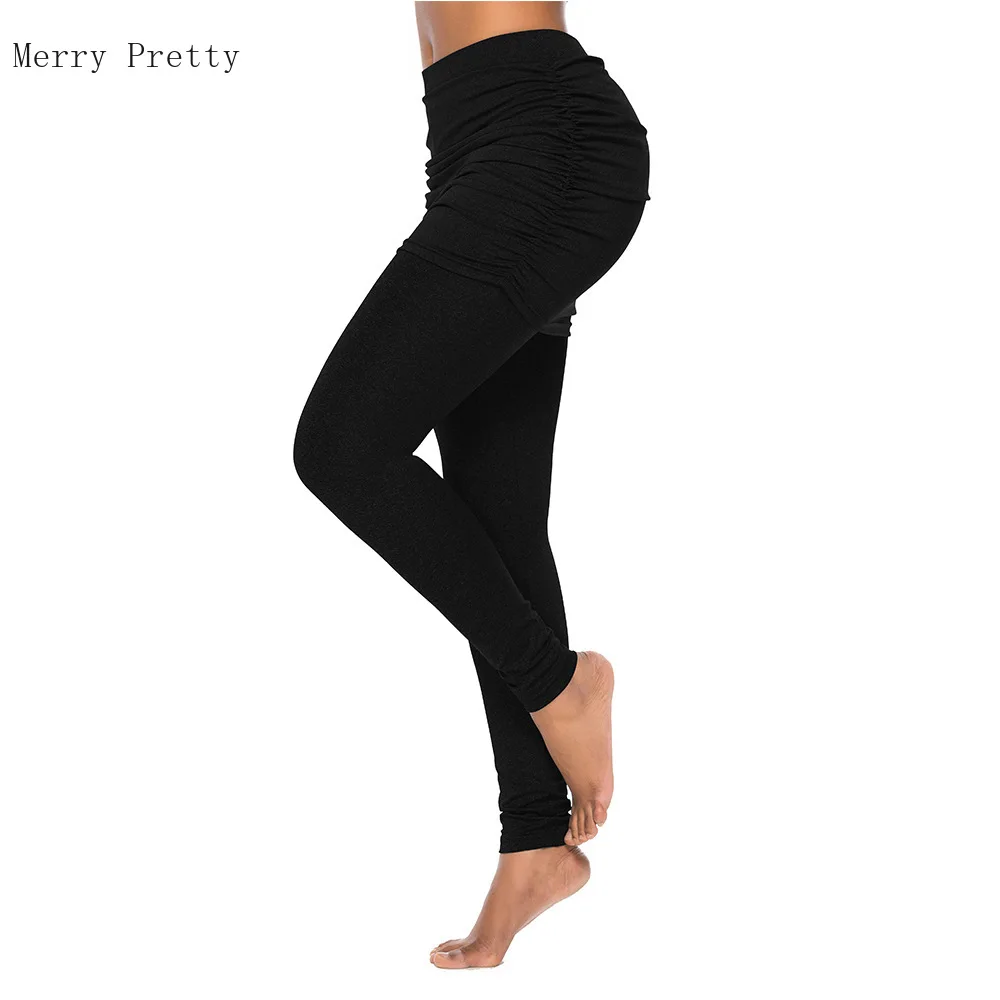 Spor tayt artı boyutu kadınlar seksi pantolon Wrap kalça yan pilili etek sahte iki adet legging dikişsiz yüksek bel pantolon